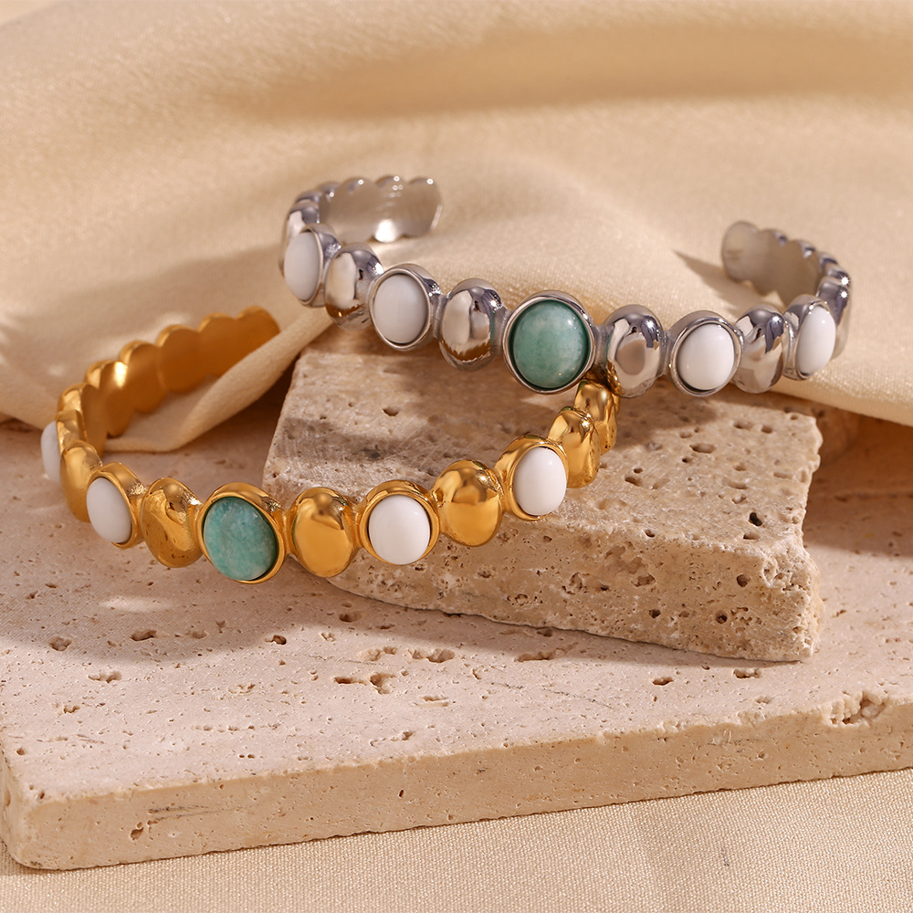 Oval Natural Stone White Jade Inlaid Open Bracelet