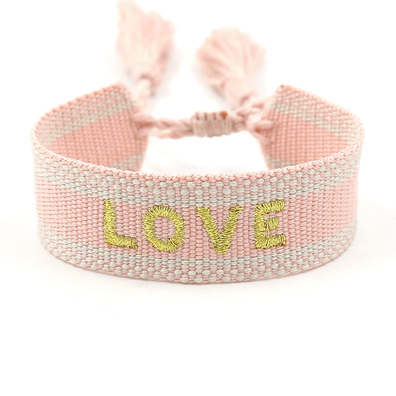 handmade woven bracelet, polyester, embroidered letters with tassels, adjustable (love)
