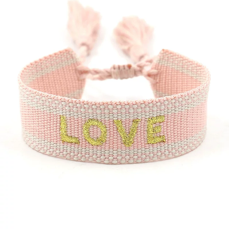 handmade woven bracelet, polyester, embroidered letters with tassels, adjustable (love)