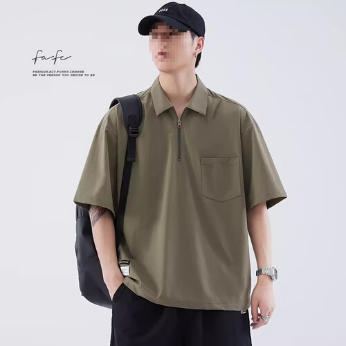 polo shirt, short-sleeved men's summer thin American retro loose casual quick-drying lapel half-zipper T-shirt top