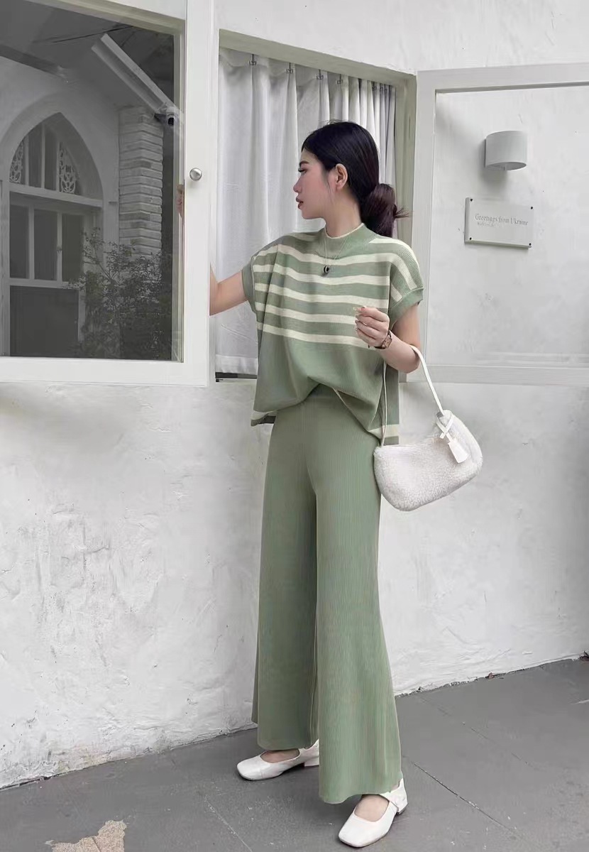 420g Weight Short Sleeve Sleeve Length Viscose fiber Fabric Type Pant Co-ord Set Sets Type 2 Pieces Set Quantity Daily Occasion Round Neck Neckline Regular Fit Fit Type Stripe Pattern Spring Season Women's Gender Elegant Style Daily Women's Elegant Stripe Viscose Fiber Pant Co-ord Set Pants Sets 11