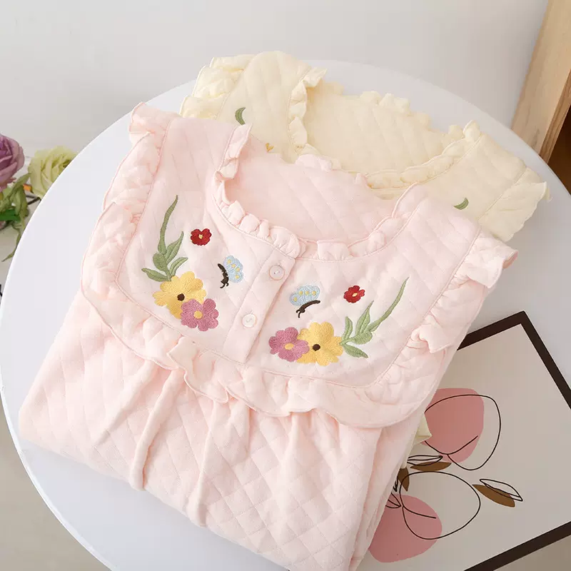 睡裙女2023新款秋冬刺绣花边空气棉中长款家居裙夹棉保暖甜美睡衣