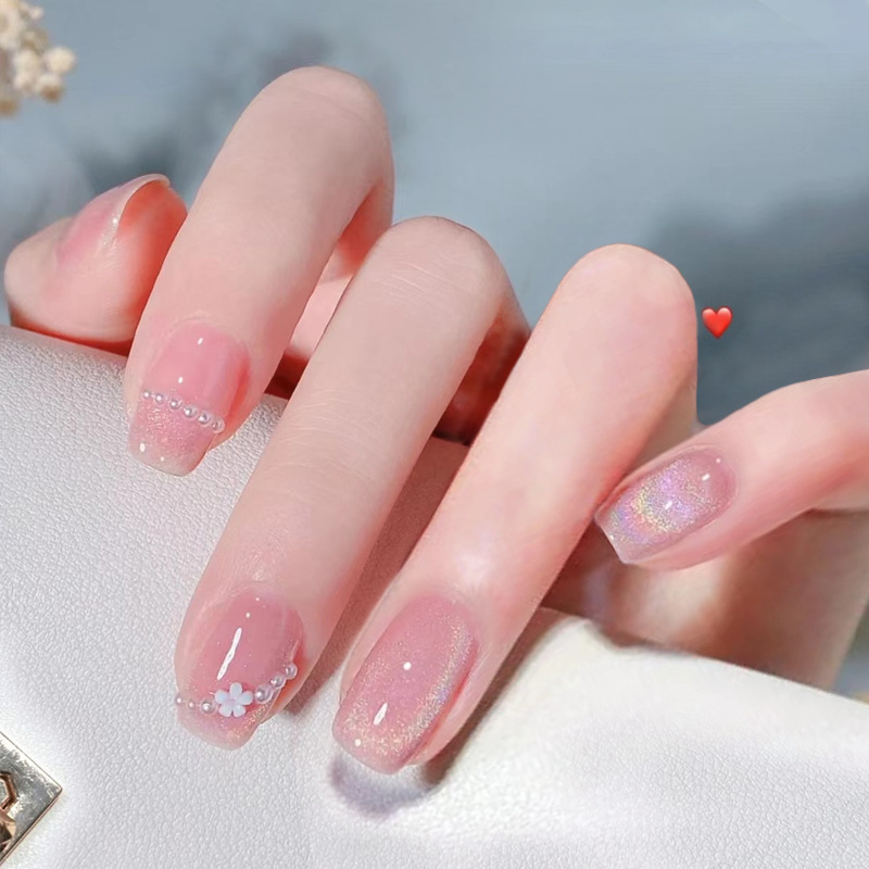 X132 Nail Patch Removable Nail Art Nail Piece Waterproof Wear Nail Rainbow Circle Cat's Eye Pearl Short Women's Style