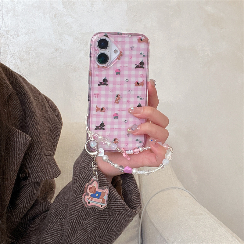 Nicho ins polvo transparente a cuadros lindo cachorro para iPhone 15/16ProMax funda para teléfono móvil Apple 14 cadena 13