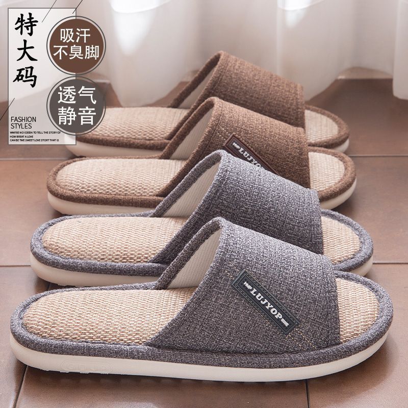 Large Size Linen Slippers for Men, Indoor Home Use, Silent, Breathable, Cotton and Linen Fabric, Non-Slip, Anti-Odor Slippers for Men, All Seasons