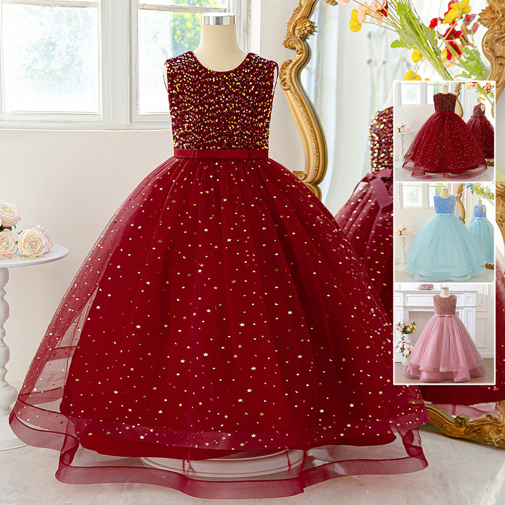 2025 primavera y verano niñas niños con lentejuelas vestido de noche de moda hilo de red esponjoso espectáculo de piano vestido de princesa vestido de noche