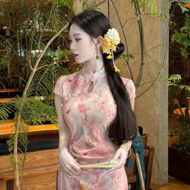 粉蓝妲己新中式温柔复古改良旗袍短袖修身温柔显白连衣裙其他