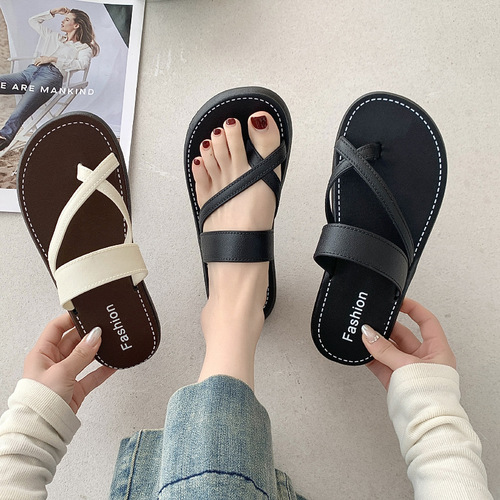 Summer Toe Slipper Women Fashion Versatile Cross Wear Anti-Slip Beach Shoes Casual Flat Slippers