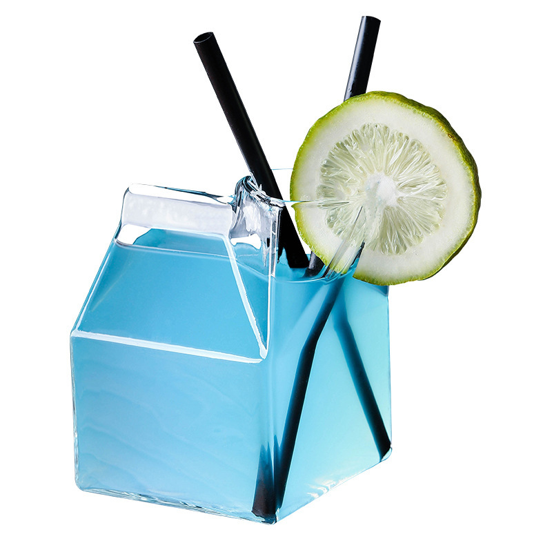 Taza de desayuno casera creativa, taza de caja de leche de vidrio resistente al calor, taza de bebida de jugo de tendencia transparente, puede entrar en el microondas