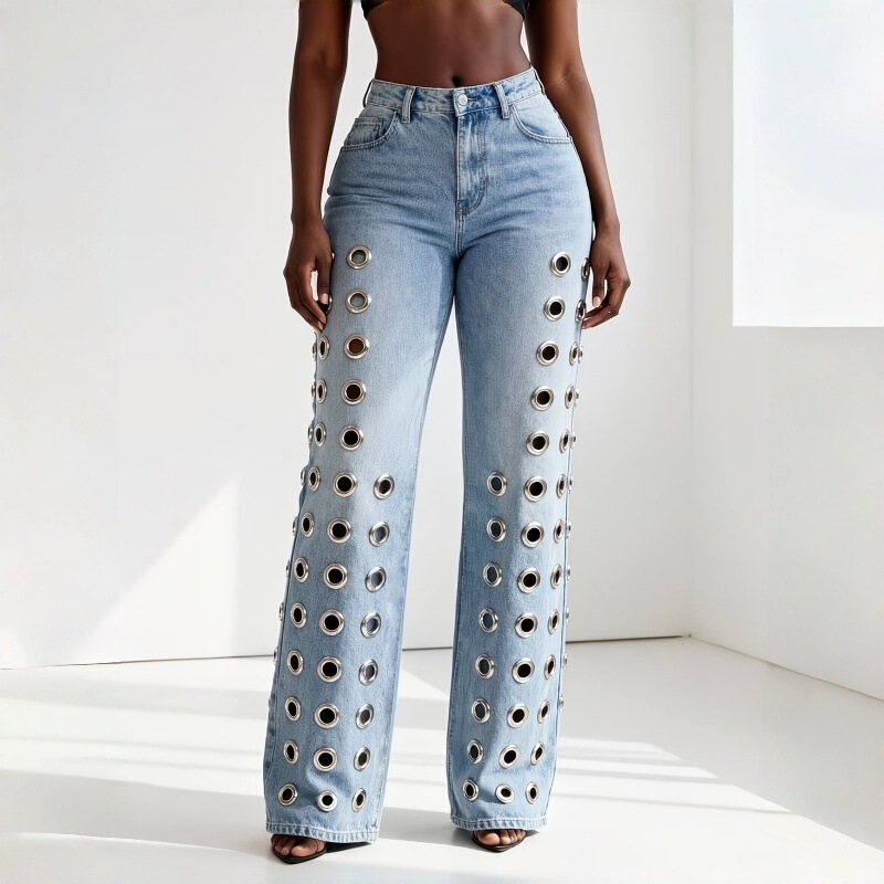 European and American Style High-Waisted Women's Jeans with Metal Cut-Out Design, Washed Straight-Leg Floor-Length Pants, New Women's Denim European and American Style High-Waisted Women's Jeans with Metal Cut-Out Design, Washed Straight-Leg Floor-Length Pants, New Women's Denim
