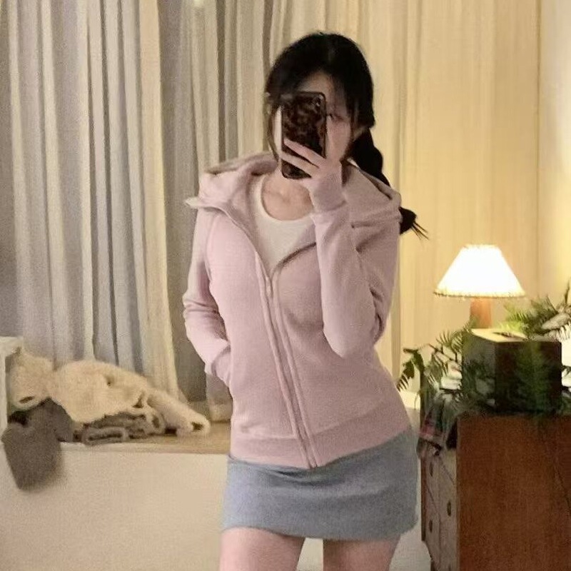 In-Stock Hooded Cardigan Zip-Up Sweatshirt New Slim-Fit Waist-Cinching Jacket Slimming Versatile Export Taiwan