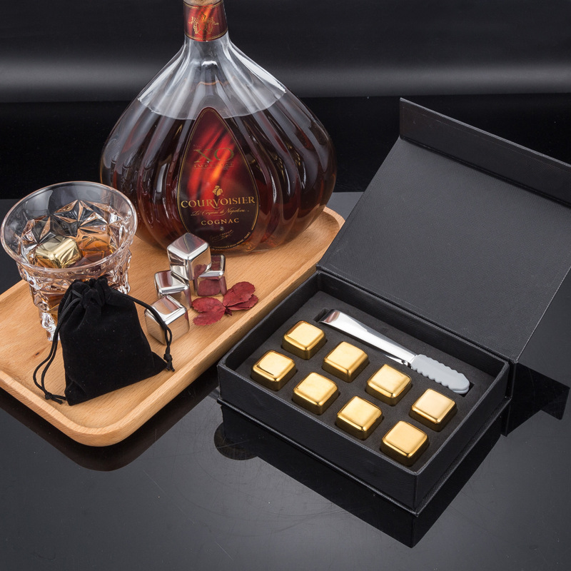 304 Stainless Steel Ice Cubes Black Gift Box Creative Metal Square Ice Cube Set with EVA Interior Support Gift Set
