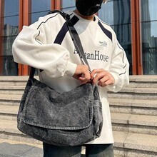 日系水洗帆布包慵懒风垂感斜挎包女文艺上课包邮差包休闲单肩包男