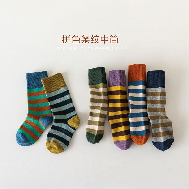 儿童袜子秋冬款女童中筒袜韩系复古拼色条纹秋季男童宝宝潮袜棉袜|undefined