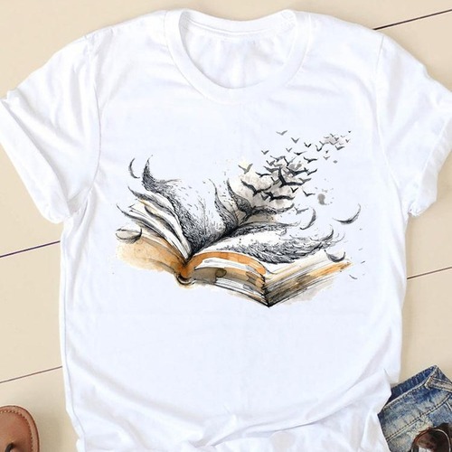 T-shirt Book Retro 90s Cute Casual Women's Printed Trendy Brand Top Crew Neck Loose