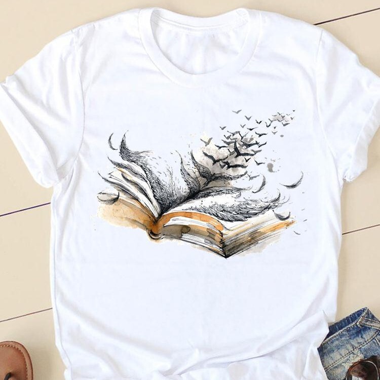 T-shirt book retro 90's cute casual women's printed fashion brand top new round neck loose