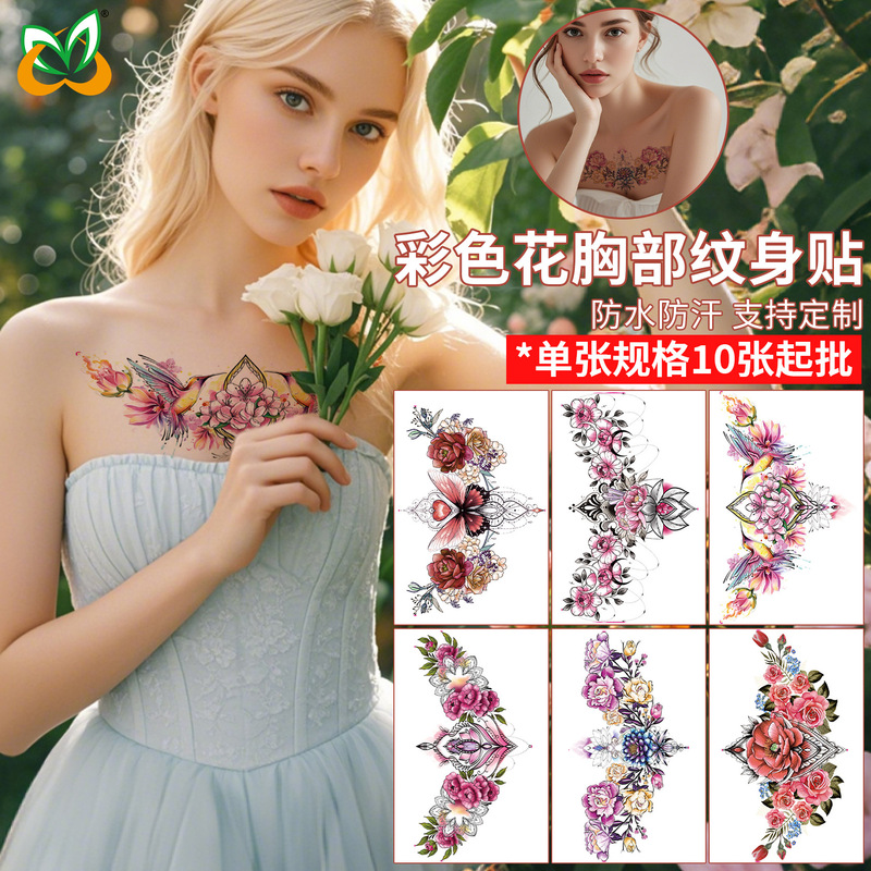 Wholesale Tattoo Stickers Colorful Flower Chest Collarbone European and American Style Scar Cover Waterproof Sexy Temporary Tattoo Stickers Chest Stickers