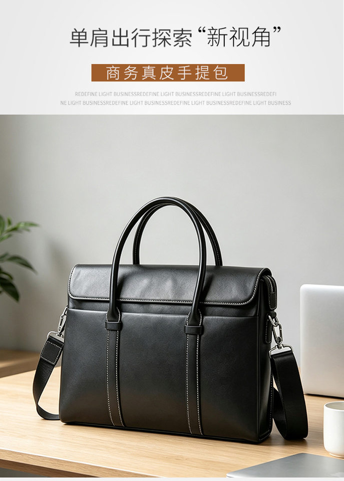 Túi xách tay nam da bò thật kiểu công sở đựng laptop 14 inch dung tích lớn 38×10×30 cm — Da thuộc thực vật màu đen chi tiết 1