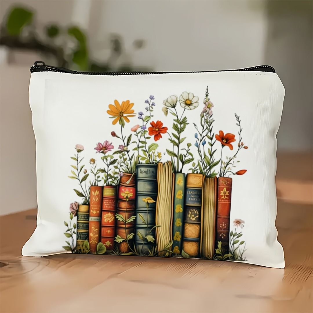 1 PC Floral Book Stacking Cosmetic Bag - Bright Flowers and Books…