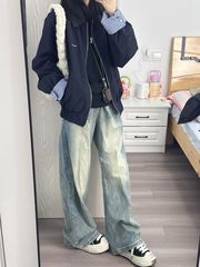 双面穿美式复古藏青色两面穿格子夹克女开春秋款宽松百搭叠穿外套