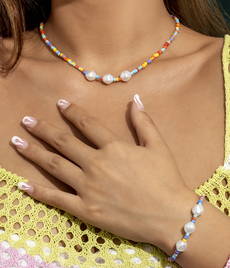 Europischer und amerikanischer grenz berschreiten der Schmuck Pastoral farb blockierte Perlen hand gewebte Reis perlen Halskette Retro Imitation Perlenkette Setpicture2
