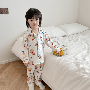 Children's Pajamas Spring and Autumn New Lapel Long Sleeve Boys' Home Clothes suit Loose Big Children's and Girls' Air-conditioning Clothes