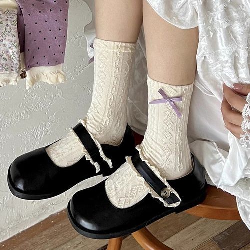 Purple floral patterned ankle socks for girls, autumn series cute white bow ankle socks, sweet retro lace socks