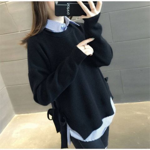 Striped Shirt + Tie-Up Knit Sweater Spring and Autumn New Style Loose Plus-Size Base Sweater Set for Women Ice Silk with Tags