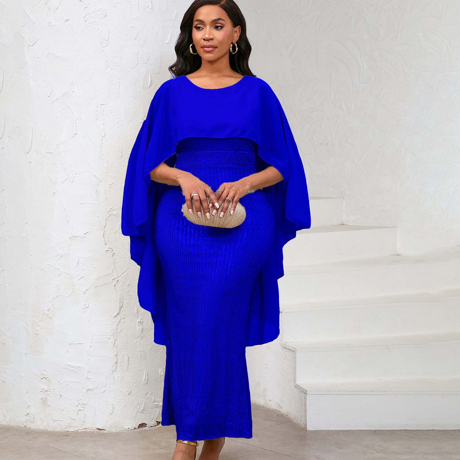 Women's Spring New Fashion Chiffon Cloak Sequins Buttocks Long Dress Banquet Party Dress_ecoleips.com