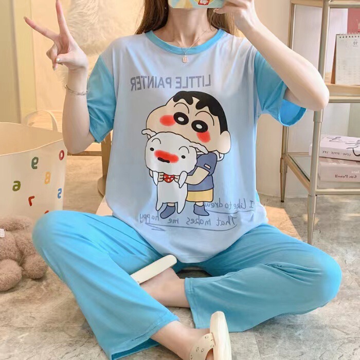 睡衣女春秋款5XL码新款短袖长裤女士印花可爱可外穿家居服套装|undefined