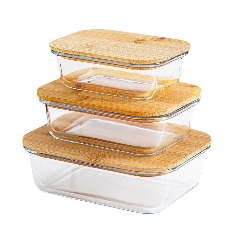 Cubierta de madera de bambú caja de preservación de regalo caja de almuerzo de vidrio para microondas tazón especial de preservación de alimentos con arroz caja de comedor