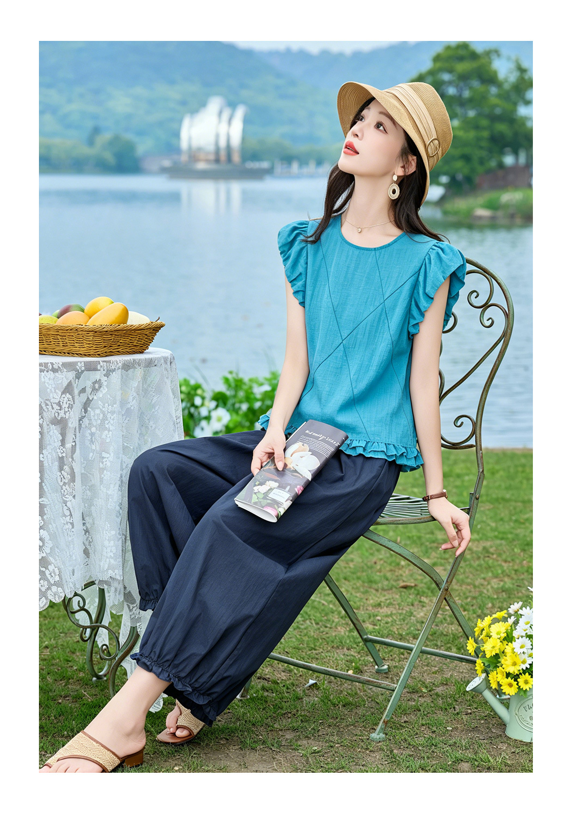 Bộ áo thun cổ tròn tay ngắn + quần ống rộng nữ 2 món mùa hè — màu sắc, màu xanh hồ chi tiết 13