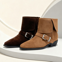头层猪皮鞋垫皮带扣女百搭粗跟骑士靴新款韩版小众设计圆头女短靴