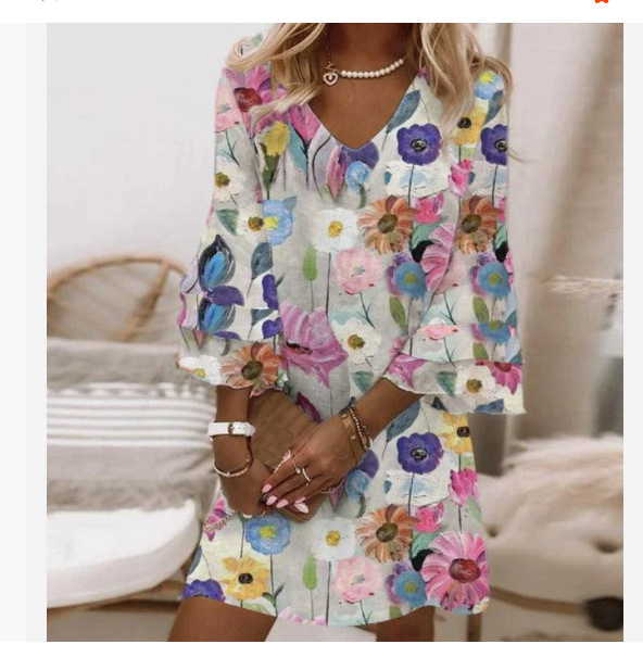 Nuevo estilo transfronterizo europeo y americano Amazon AliExpress Wish estampado fresco con cuello en V 3/4 manga mini vestido de mujer image 27