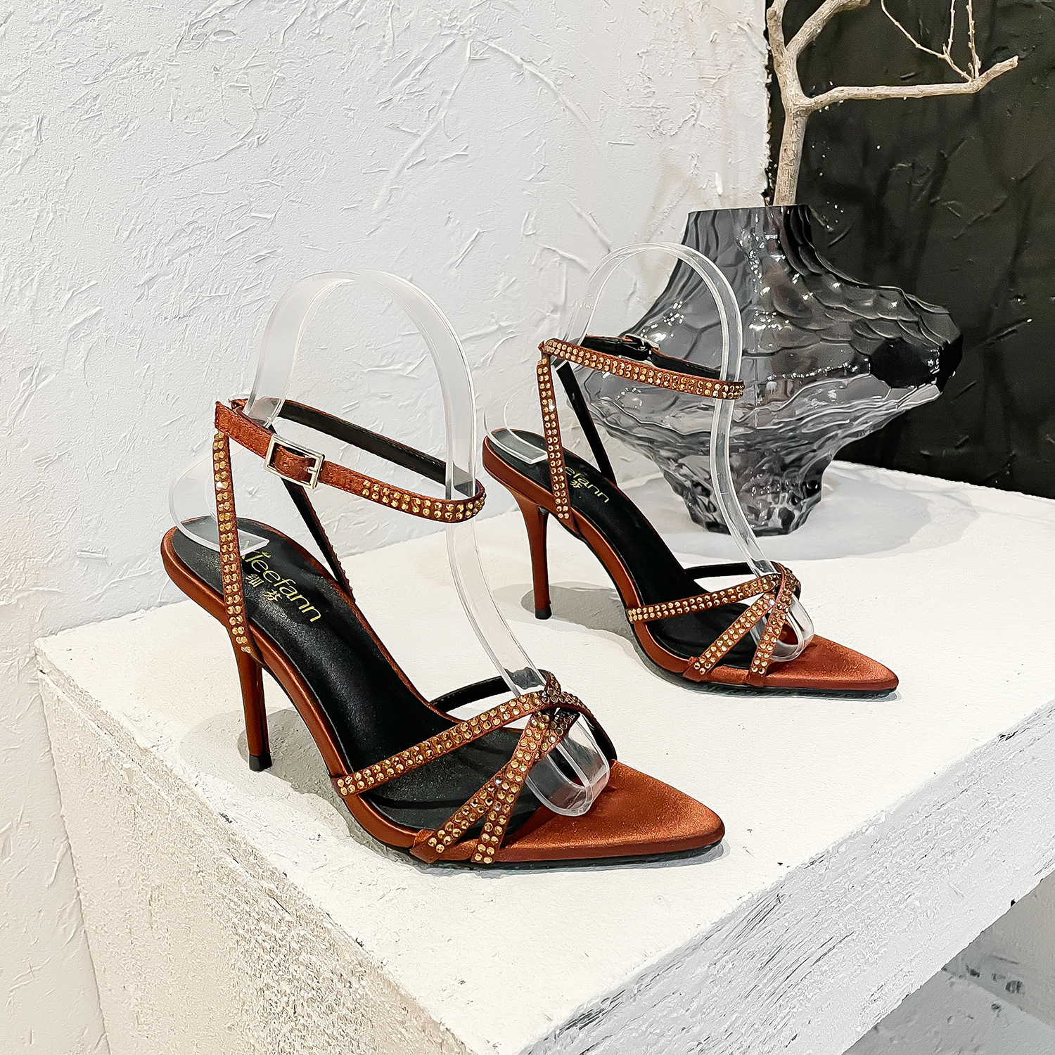 Summer Rhinestone Brown Stiletto Heels Women's Sexy Satin Open Toe Strappy Pointed Toe Sandals_voghion.com