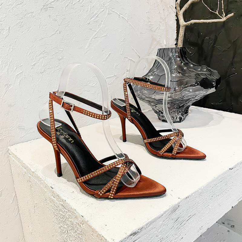 2024 New Summer Style Rhinestone Brown Stiletto Sexy Silks and Satins Open Toe Pointed Toe One-Word Strap Cross Thin Strap Sandals for Women