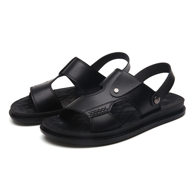 Dép sandal nam quai ngang hở ngón chất liệu da PU chống trơn, size lớn đi ngoài trời — Kaki, Màu xám, Đen toàn bộ, Đỏ rượu