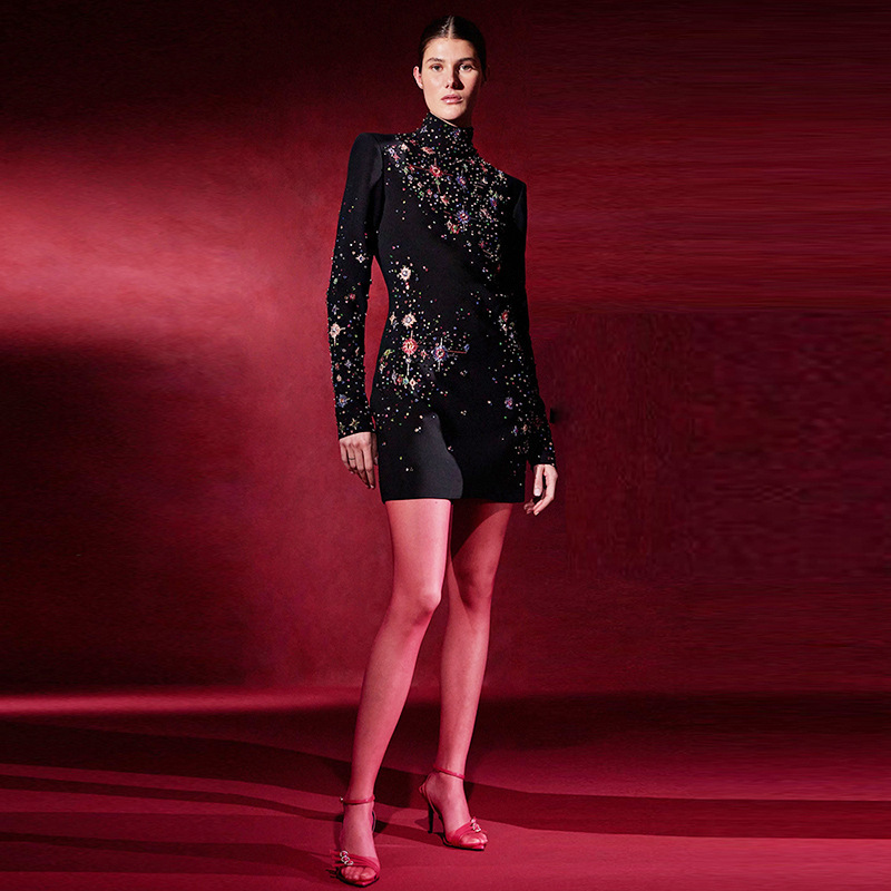 In Stock 2026 New European and American Celebrity Fashion Heavy-Duty Rhinestone-Embellished Beaded Hot-Stitched Rhinestone Slim-Fit Long-Sleeve Dress Mini Dress
