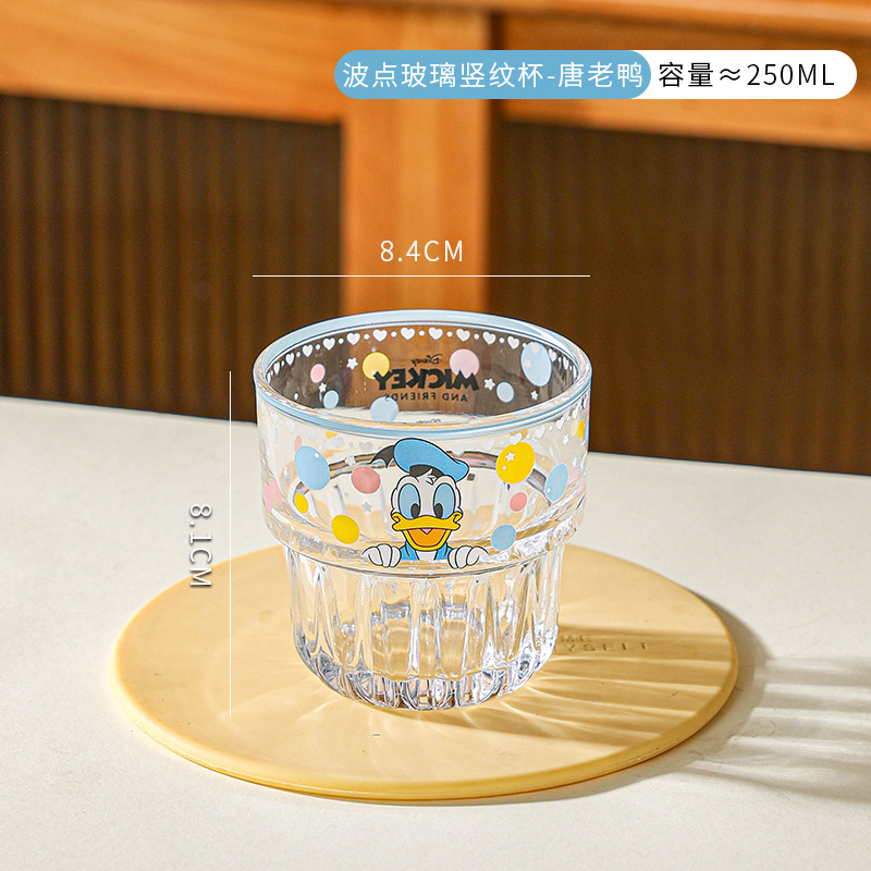 Nueva taza de vidrio de patrón vertical de Disney, taza de agua de dibujos animados de lunares, taza de agua para el hogar de alto valor femenino, taza de agua para la oficina