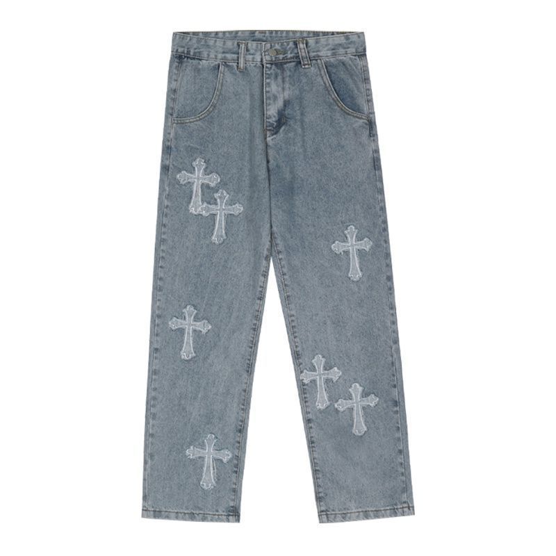 Nacional de moda High Street Cross Patch jeans hombres marca de moda hip hop Ruan Shuai calle frita recta suelta pierna ancha pantalones largos