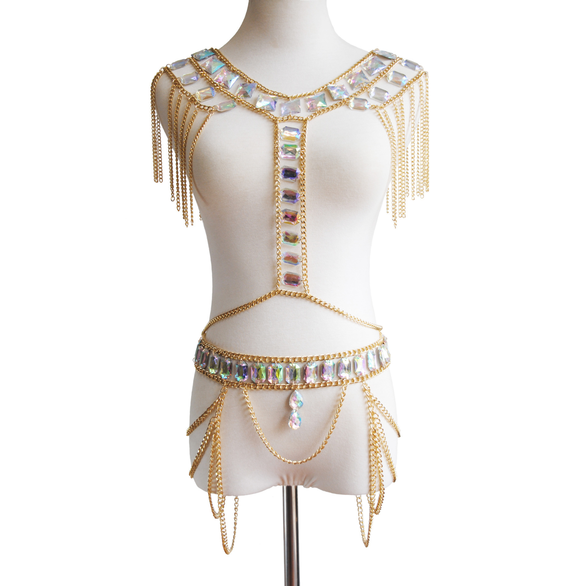 Conjunto de cadena corporal y de cintura con gemas, estilo europeo y americano, nuevo, sexy, con doble cadena de hombro, para discoteca, playa y orilla del mar.