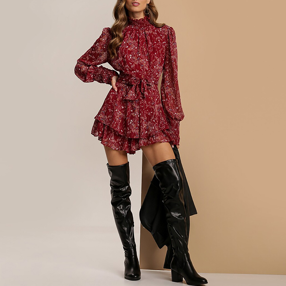 2026 New Spring Women's Clothing Cross-Border European And American Dresses Casual Floral Long-Sleeve Tie-Waist Ruffle_ecoleips.com