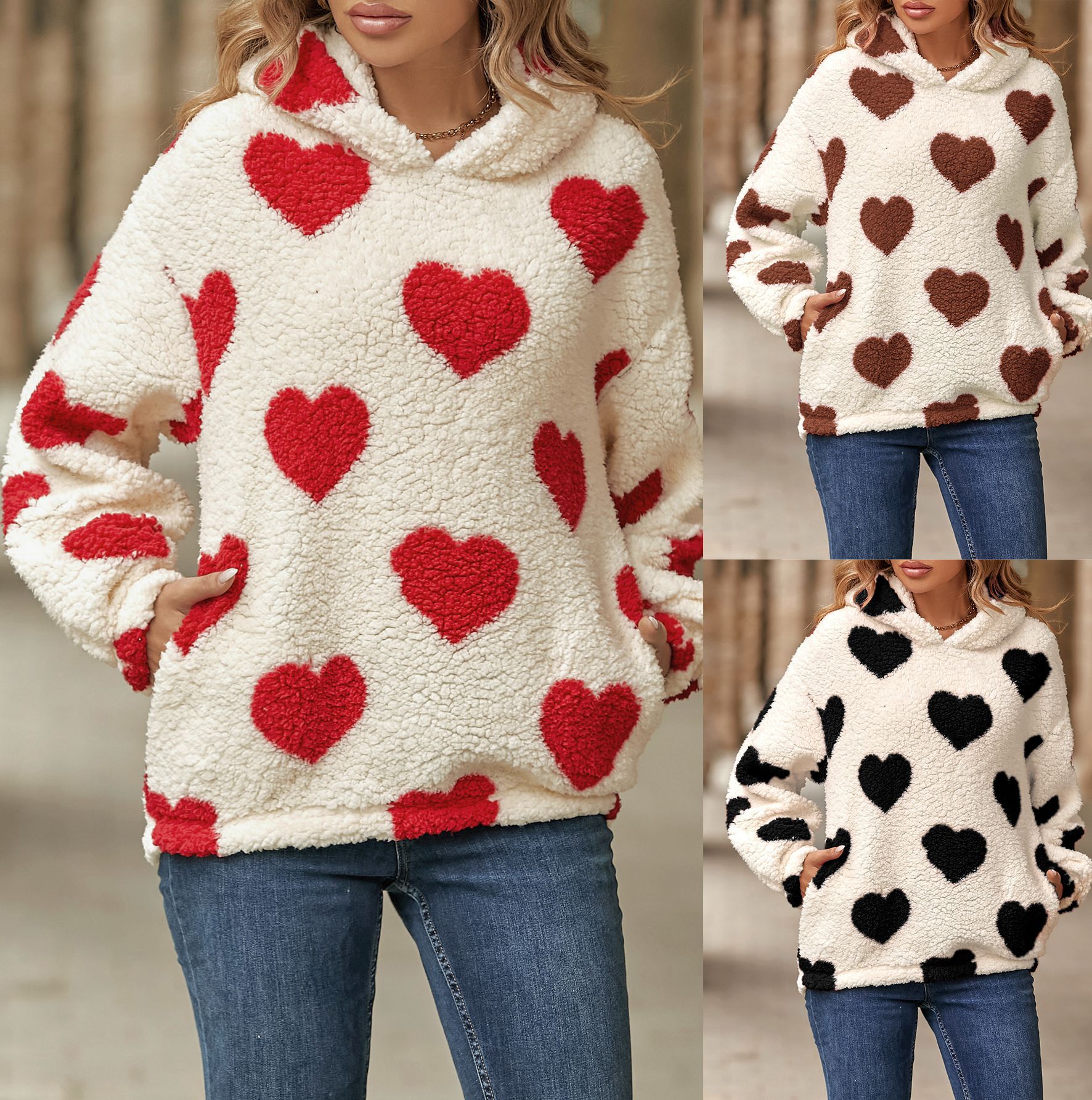 Women's plush hooded love printed pullover women's sweatshirt_voghion.com