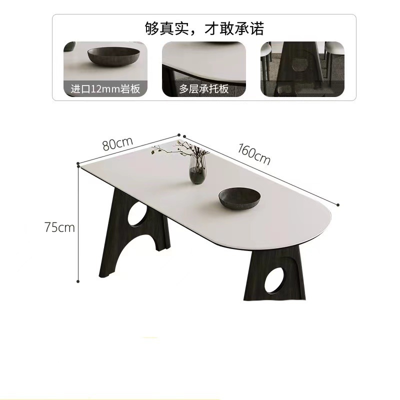 Mesa de comedor de la península de pizarra de roca ovalada de madera maciza estilo retrógrado simple mesa de comedor de pizarra de roca blanca pura