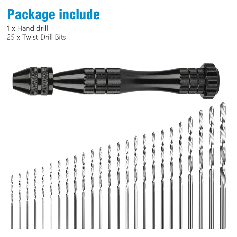 26Pcs微型手用钻头设置小手动无键夹头销轮手钻+0.5-3.0麻花钻