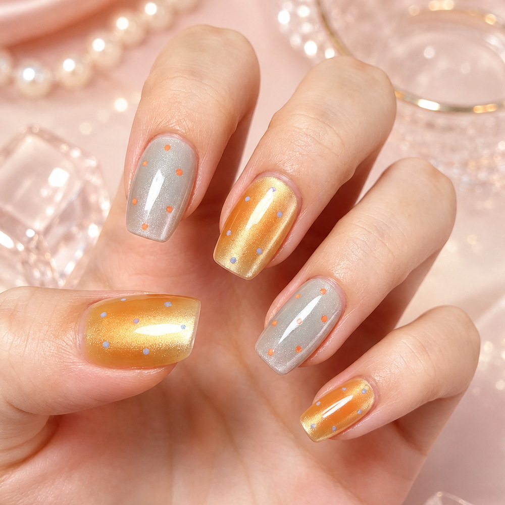10 piezas de puntas de uñas con efecto ojo de gato, uñas postizas cortas, cónicas y translúcidas, uñas postizas hechas a mano con diseño de estrellas.