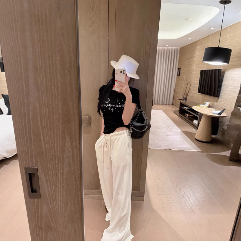 Cross-Pattern Rhinestone Sanskrit High-Waisted Drawstring Elastic Casual Sports Pants for Women, Spring/Summer Versatile Wide-Leg Pants, Straight-Leg Pants Cross-Pattern Rhinestone Sanskrit High-Waisted Drawstring Elastic Casual Sports Pants for Women, Spring/Summer Versatile Wide-Leg Pants, Straight-Leg Pants