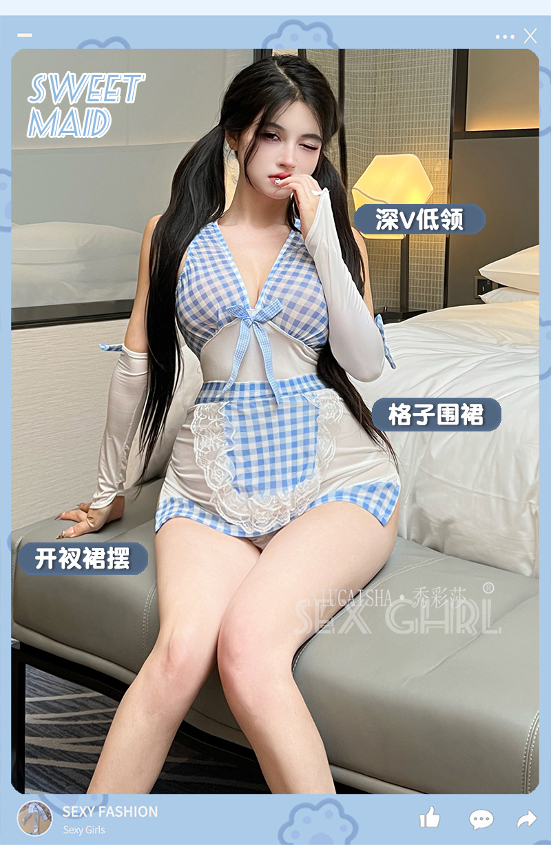 Plus-Size Maid Roleplay Lingerie Set, Blue Plaid Nightgown with Apron, Sleeves, Panties and Bow Stockings — detail image 8