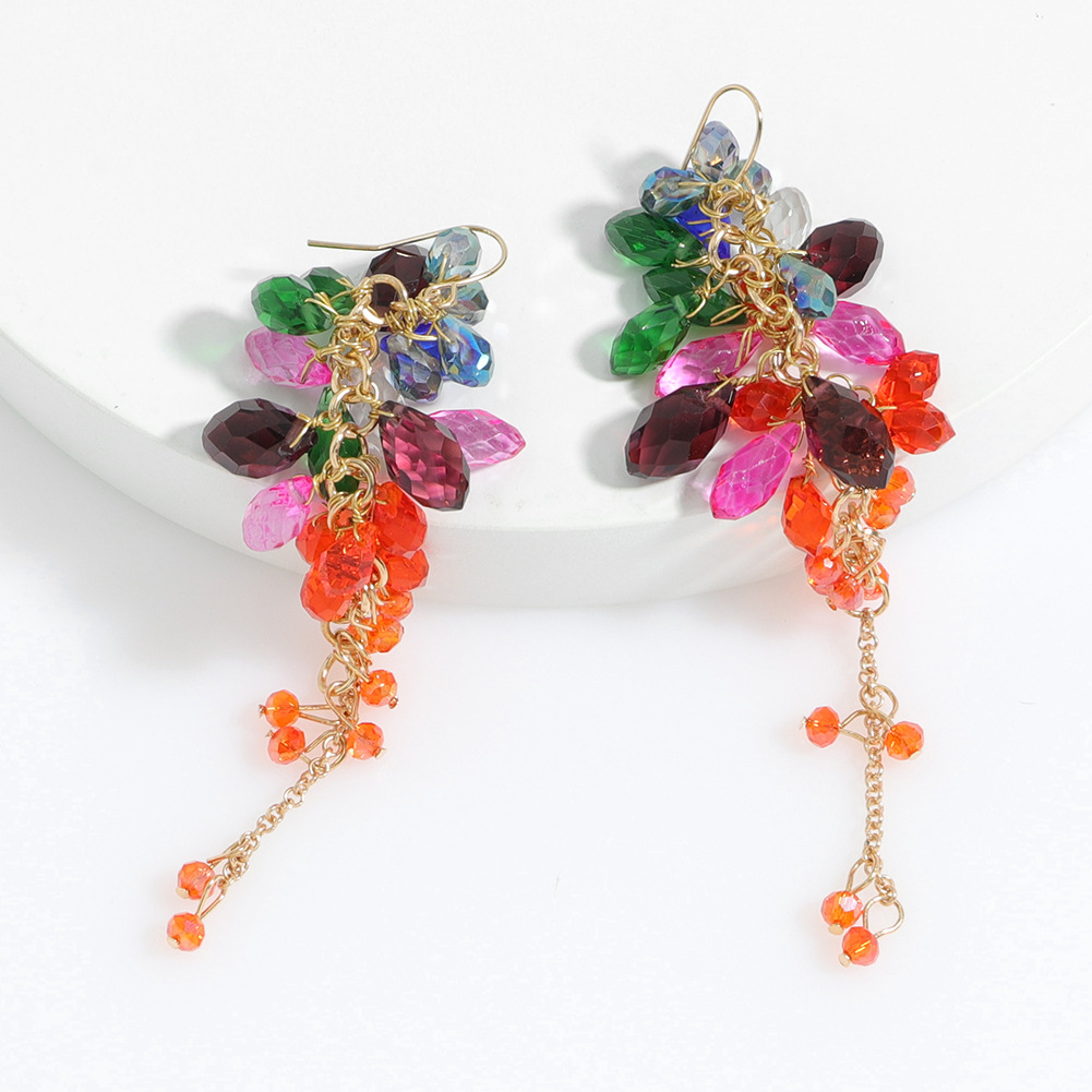 Color Crystal Flower Long Fringed Earrings Wholesale Jewelry Nihaojewelry display picture 4