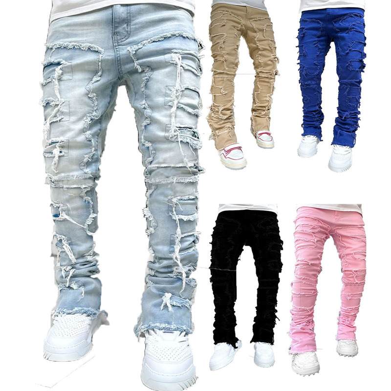 Cross-border new men's denim straight pants European and American street fashion ins explosion stretch patch denim straight pants